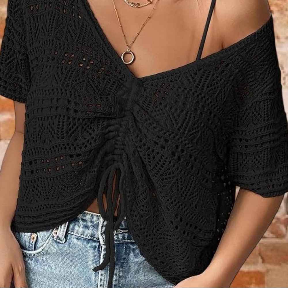 Black crochet tie front knit top